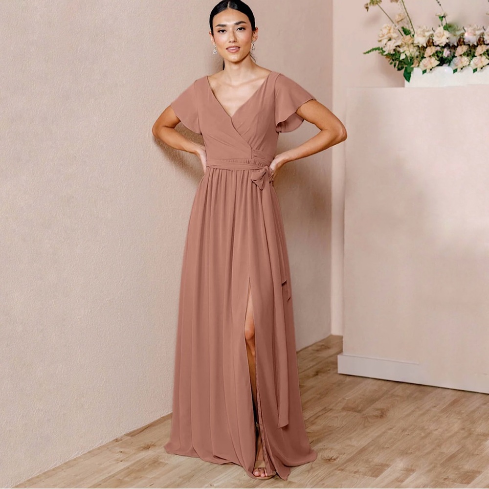 Revelry Harper Chiffon Faux Wrap Flutter Sleeve Maxi Dress Desert Rose Size 6